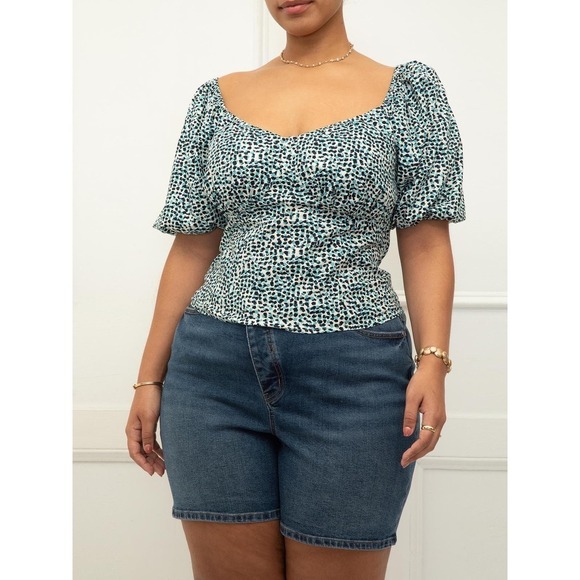 ELOQUII Elements Paint Speckle Puff Sleeves Smocked Top Women's Plus Size 26 - Picture 1 of 12